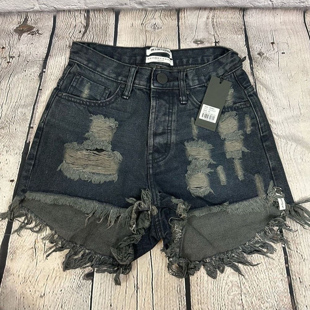 One Teaspoon Denim Shorts Bonita High Waist Long Rise Button Fly in Fox Black 25